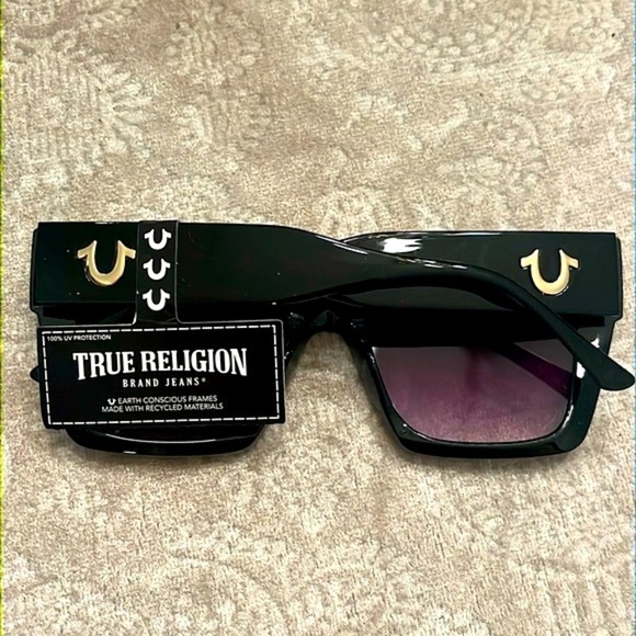 Brand New True Religion Chunky Shiny Black Square Frame Sunglasses Purple Lens - Picture 14 of 15